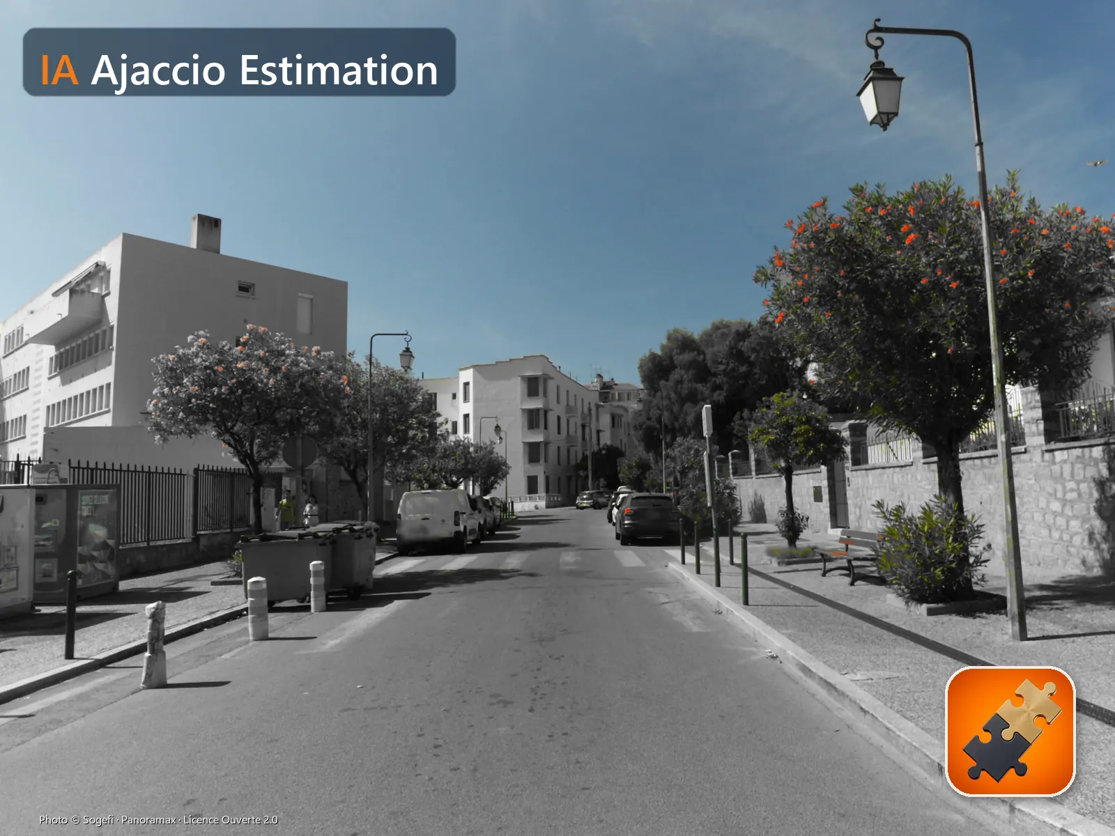 Le boulevard Fred-Scamaroni, sur le secteur du Casone (Ajaccio), vu depuis la chaussée en septembre 2022 : immeubles et rue en noir et blanc, arbres, lauriers-roses et ciel en couleur