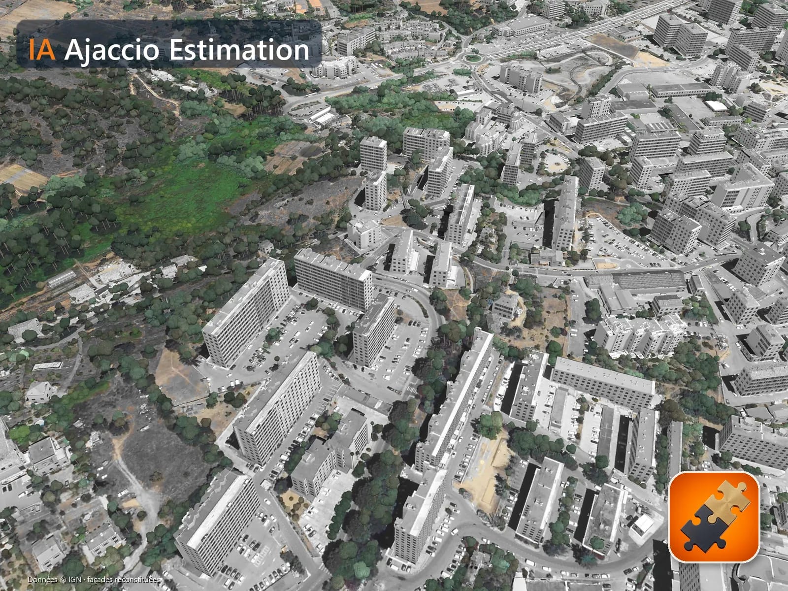 Vue aérienne en 3D du secteur du chemin de Biancarello, à Loretto (Ajaccio) : immeubles en noir et blanc, végétation en couleur